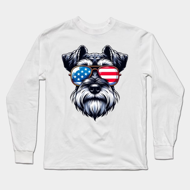 Miniature Schnauzer Patriotic Sunglasses American Flag 4th of July Long Sleeve T-Shirt by karishmamakeia